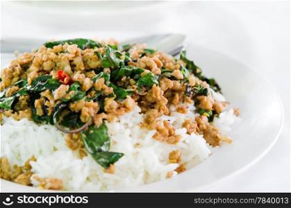 minced pork fried with chilli pepper and sweet basil and rice