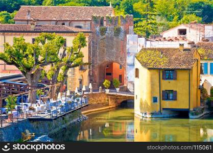 Mincio river and idyllic village of Borghetto view, Veneto region of Italy