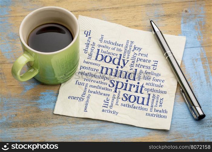 mind, body, spirit and soul concept - word cloud on a napkin with a cup of coffee