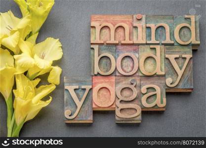 mind, body, yoga word abstract - text in letterpress wood type printing blocks against slate stone with yellow gladiola flower