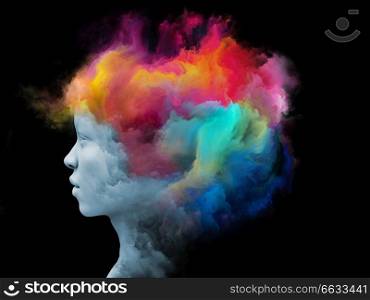 Mind Fog series. Arrangement of 3D rendering of human face morphed with fractal paint on the subject of inner world, dreams, emotions, imagination and creative mind