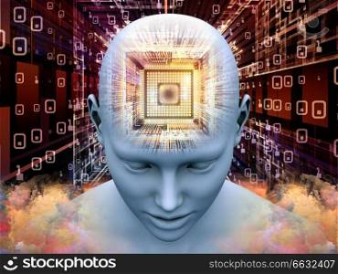 Mind Processor series. Creative arrangement of Human head with CPU in perspective as a concept metaphor on subject of artificial intelligence, mind, mass media and modern technology