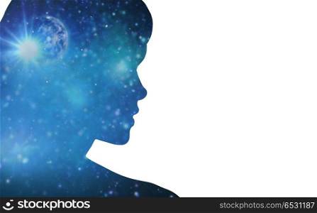mindfulness and harmony concept - silhouette of woman over blue space background. silhouette of woman over blue space background. silhouette of woman over blue space background
