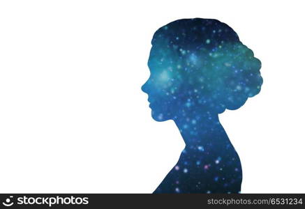 mindfulness and harmony concept - silhouette of woman over blue space background. silhouette of woman over blue space background. silhouette of woman over blue space background