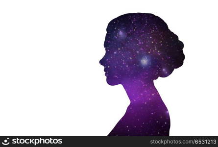 mindfulness and harmony concept - silhouette of woman over ultra violet space background. silhouette of woman over violet space background. silhouette of woman over violet space background