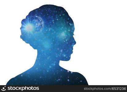 mindfulness, harmony and spirituality concept - blue woman silhouette of space over white background. woman silhouette of space over white background. woman silhouette of space over white background