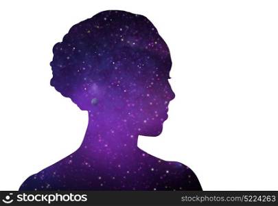 mindfulness, harmony and spirituality concept - ultra violet woman silhouette of space over white background. woman silhouette of space over white background. woman silhouette of space over white background