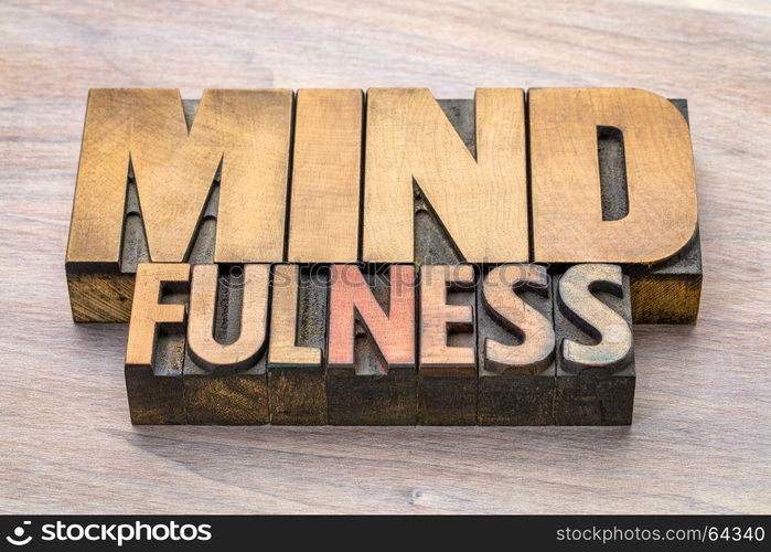 mindfulness word abstract or banner - awareness concept - text in vintage letterpress wood type printing blocks stained by color inks