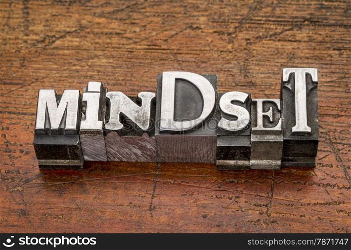 mindset word in mixed vintage metal type printing blocks over grunge wood