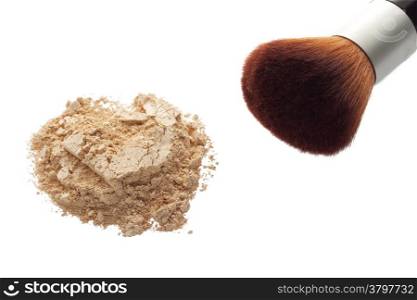 Mineral makeup powder with brush on white background