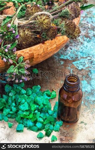 mineral perfume salt and other ingredients for Spa treatments.Photo tinted. set of perfumes for spa treatments
