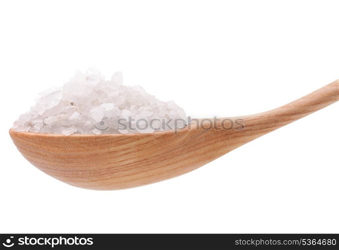 Mineral salt in wooden spoon isolated on white background cutout