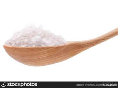 Mineral salt in wooden spoon isolated on white background cutout