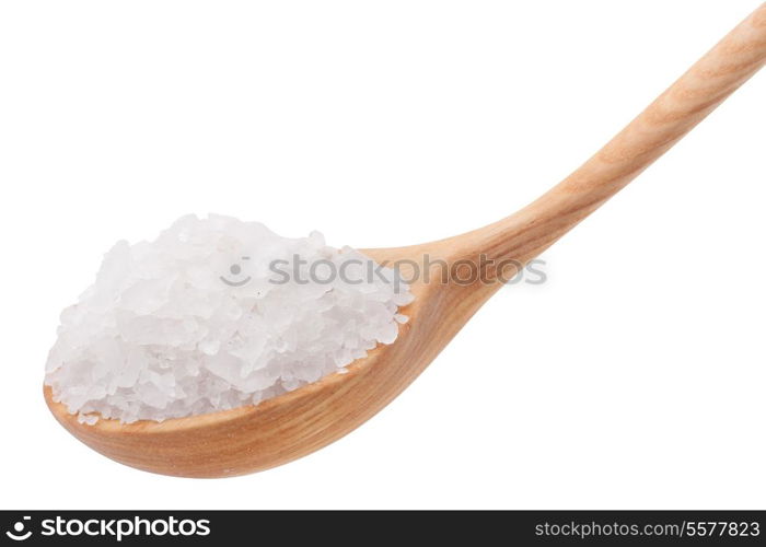 Mineral salt in wooden spoon isolated on white background cutout