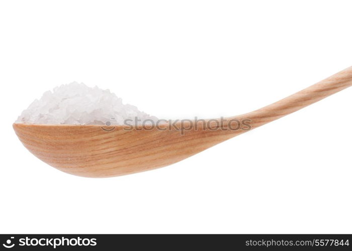 Mineral salt in wooden spoon isolated on white background cutout