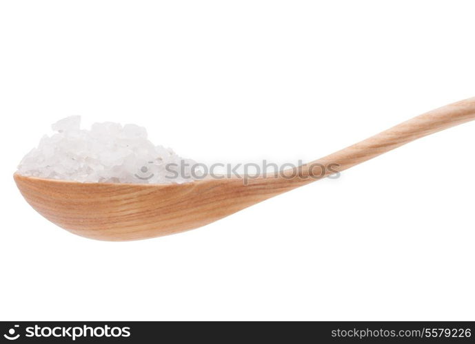 Mineral salt in wooden spoon isolated on white background cutout