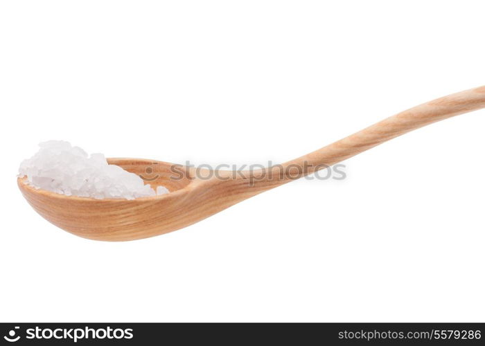 Mineral salt in wooden spoon isolated on white background cutout