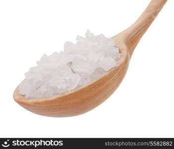 Mineral salt in wooden spoon isolated on white background cutout