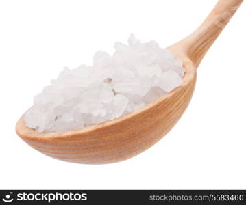 Mineral salt in wooden spoon isolated on white background cutout