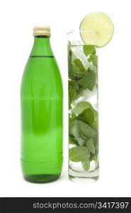 Mineral Water. Bottle and Glass with mint and ice rocks.
