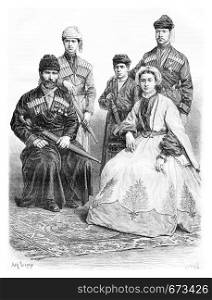 Mingrelians from Svaneti, Georgia, drawing by Sirouy based on a photograph by Ermakoft, vintage illustration. Le Tour du Monde, Travel Journal, 1881
