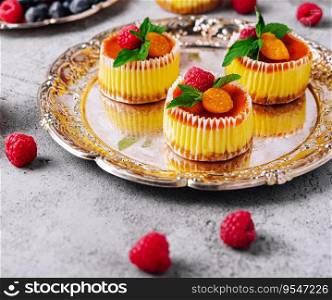 Mini cheesecake with apricot in muffin forms