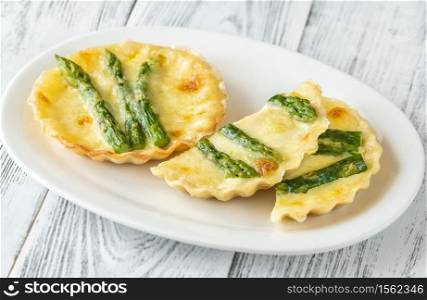 Mini mozzarella asparagus tarts close up