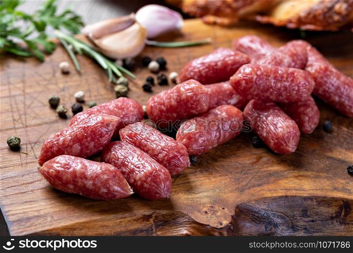 Mini sausages on a wooden. Mini sausages