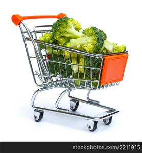mini shopping cart full with broccoli isolated on white background. mini shopping cart full with broccoli