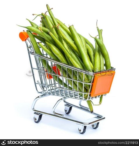mini shopping cart full with green beans isolated on white background. mini shopping cart full with green beans