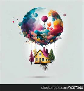 Miniature house on holiday balloons flies away from danger. Property insurance concept. Ai generative. A miniature house on holiday balloons flies away from danger. Property insurance concept
