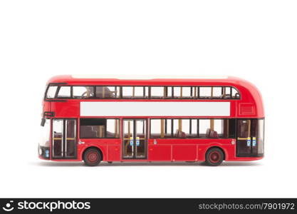 miniature model of a modern red london bus on a white background