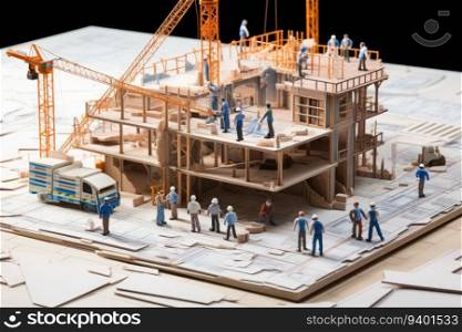 Miniature of construction site. Engineer and architect working on blueprint.