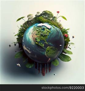 Miniature planet Earth with trees, fauna. Concept for Earth Day. Salvation of the planet. AI generated.. Miniature planet Earth with trees, fauna. Concept for Earth Day. AI generated.