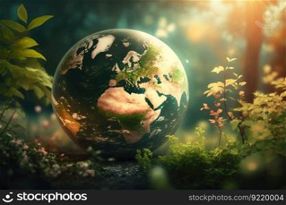 Miniature planet Earth with trees, fauna. Concept for Earth Day. Salvation of the planet. AI generated.. Miniature planet Earth with trees, fauna. Concept for Earth Day. AI generated.