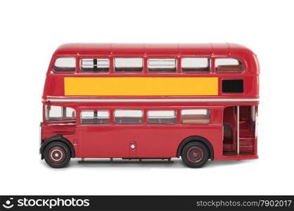 miniature scale model of a vintage red london bus on white