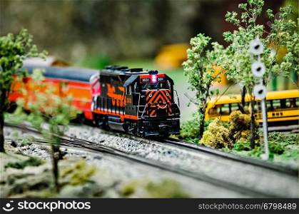 miniature toy model train locomotives on display