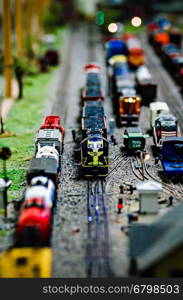 miniature toy model train locomotives on display