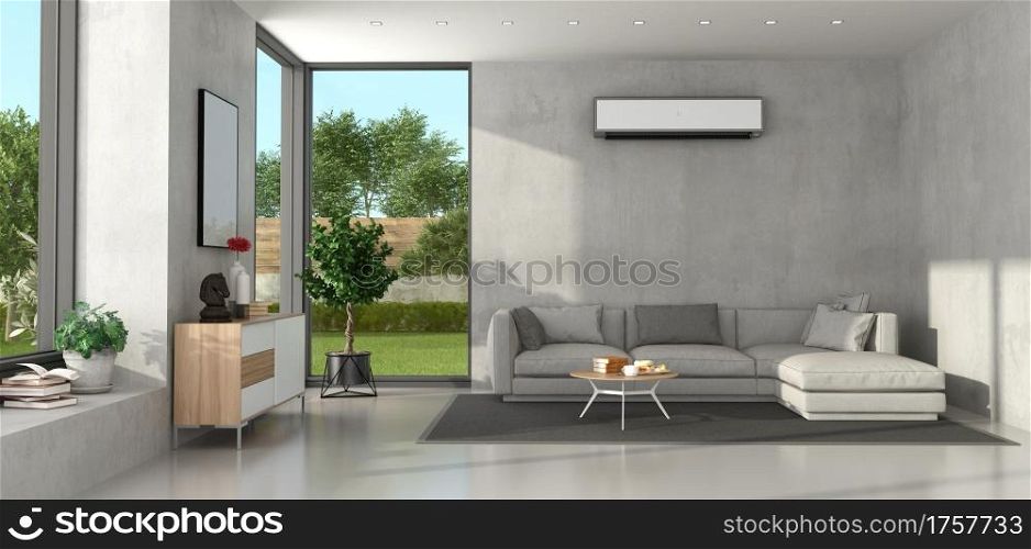 Miniimalist living room with concrete walls, modern sofa,sideboard and air conditioner. Miniimalist living room with modern furniture and air conditioner