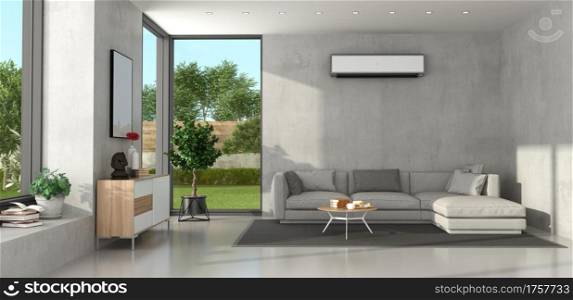 Miniimalist living room with concrete walls, modern sofa,sideboard and air conditioner. Miniimalist living room with modern furniture and air conditioner