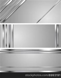 Minimal abstract technology silver headers. Metallic stripes on grey backdrop. Hi-tech chrome metal banners. Minimal abstract technology silver headers