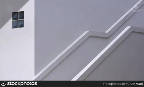 Minimal architecture background. Sunlight and shadow on surface of concrete stair railing outside of white modern building