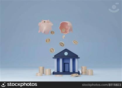 Minimal bank service building with coin falling from cracked and separated piggy bank on blue background as deposit money or investment from savings 3D rendering