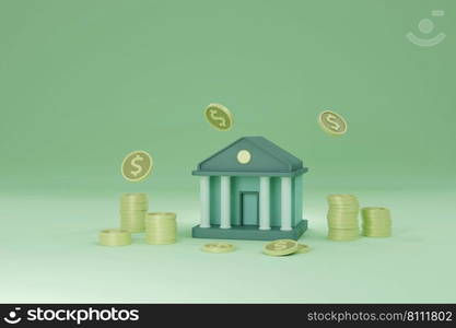 Minimal bank service building with coin falling with coin stacks on green background 3D rendering illustration