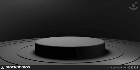 Minimal black round product podium showcase stage on circular background. Abstract object and business advertising concept. 3D illustration rendering