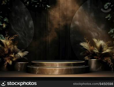Minimal black scene with geometric shapes and palm leaves. Cylindrical gold and black podium background. 3D stage for displaying a cosmetic product. AI Generative.