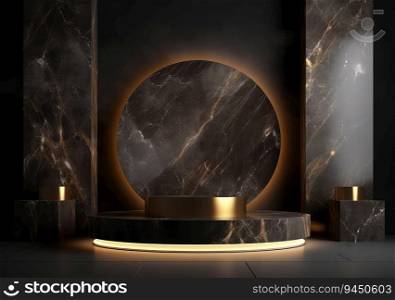 Minimal black scene with geometric shapes and palm leaves. Cylindrical gold and black podium background. 3D stage for displaying a cosmetic product. AI Generative.