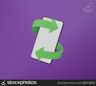 Minimal blank screen smartphone with simple green arrow rotate around on purple background 3D rendering illustration