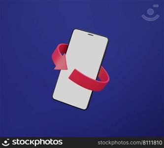 Minimal blank screen smartphone with simple red arrow rotate around on blue background 3D rendering illustration