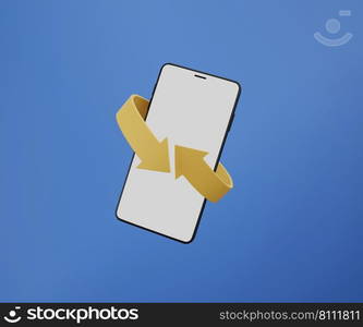 Minimal blank screen smartphone with simple yellow arrow rotate around on light blue background 3D rendering illustration